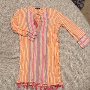 J.Crew Striped Tassel Beach Cover-Up Dress XS – Orange Pink & White